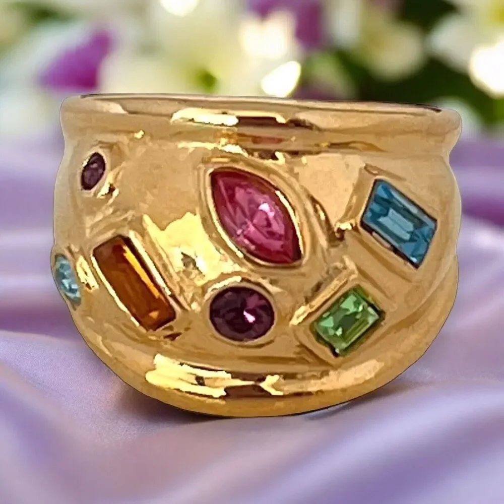 Vintage 1980s Ring Size 8 DG Multi Color CZ Wide Gold Plated Band - 14T
